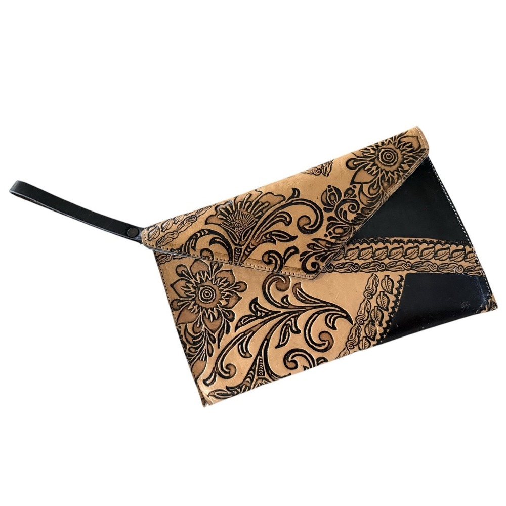 Tooled Leather Western Clutch Wristlet Floral Embossed Black Tan Boho Envelope